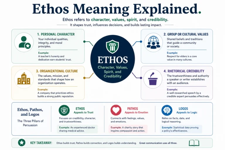 Ethos meaning explained with examples of character, values, credibility, pathos, and logos.